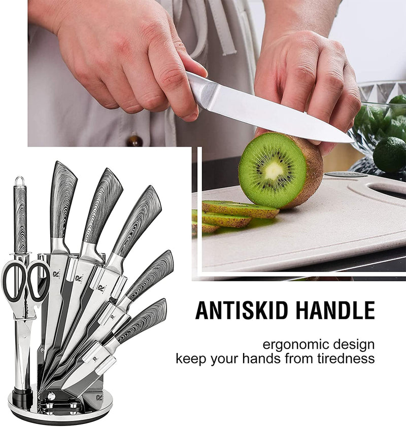 Kitchen Knife Block Set 8 Stainless Steel Knives with Wooden Color Handle (Silver color) - Payday Deals