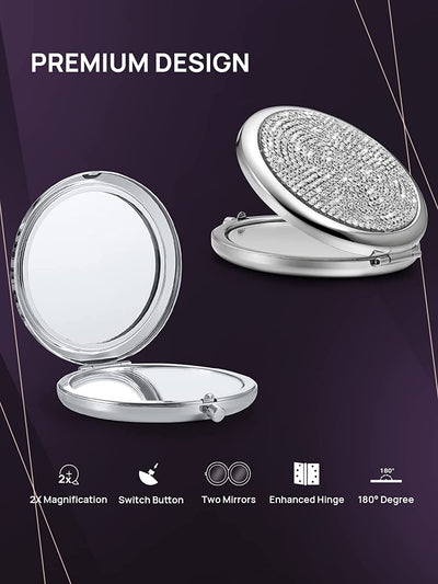 Mini Small Diamond 1X/2X Magnifying Round Metal Pocket Makeup Mirror (Silver)