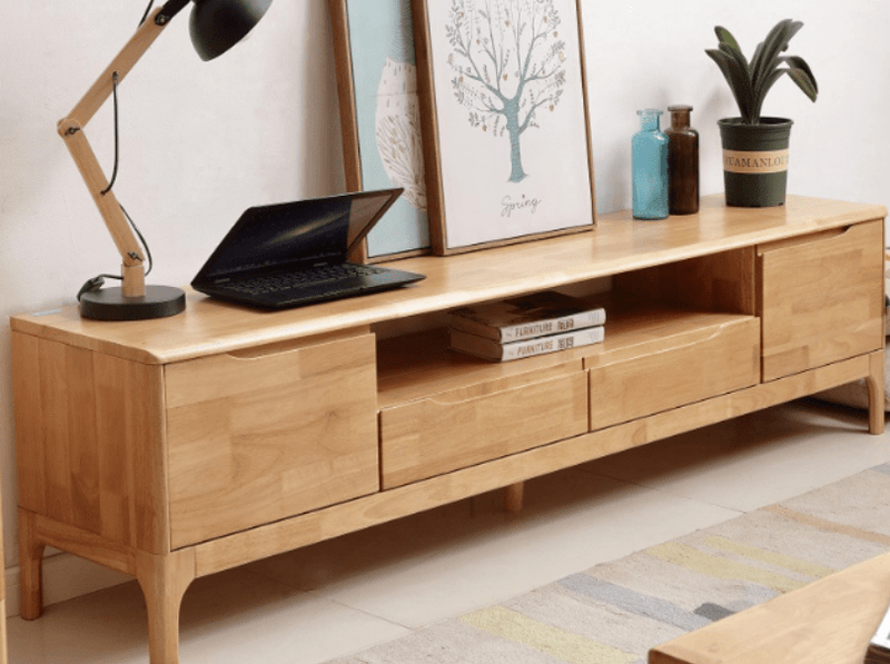 Cleo Wood TV Unit 180cm/ Rubberwood/Solid Timber/Mid Century/Light Timber Coloured