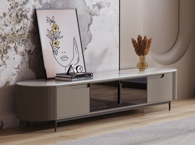 Keesley Ceramic Glossy white Top Entertainment Unit/TV Stand/Ceramic top/ black painted metal legs/ MDF shelves and cabinets