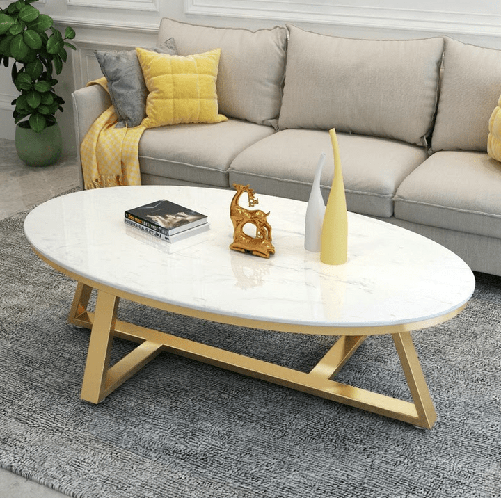 Serina Oval Ceramic top Coffee Table/ Golden coloured legs/steel frame