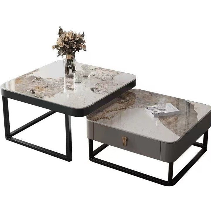 Daniel Ceramic Coffee Table Set with Storage/Ceramic Top/Steel Frame/Black legs