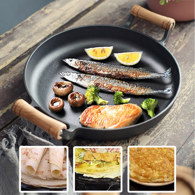 SOGA 35cm Cast Iron Frying Pan Skillet Steak Sizzle Fry Platter With Wooden Handle No Lid