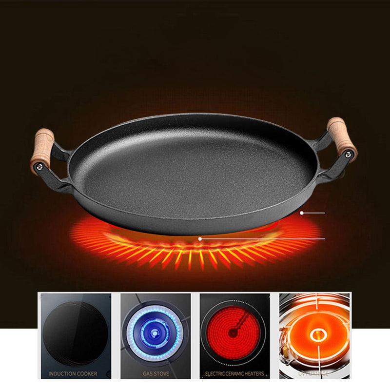 SOGA 35cm Cast Iron Frying Pan Skillet Steak Sizzle Fry Platter With Wooden Handle No Lid