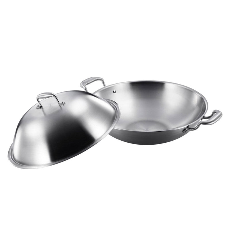 SOGA 2X 3-Ply 42cm Stainless Steel Double Handle Wok Frying Fry Pan Skillet with Lid