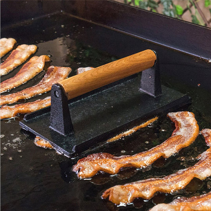 SOGA 2X Cast Iron Bacon Meat Steak Press Grill BBQ with Wood Handle Weight Plate