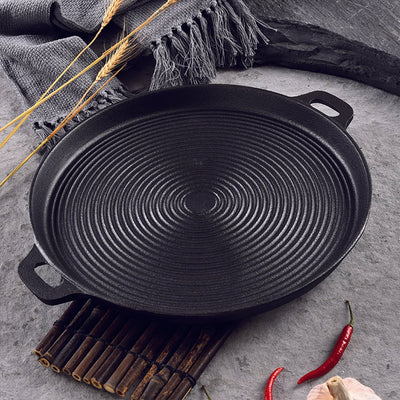 SOGA 35cm Round Ribbed Cast Iron Frying Pan Skillet Steak Sizzle Platter with Handle