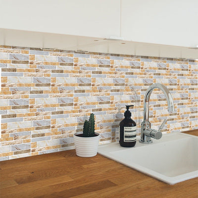 9PCS Mosaic Marble Bricks Self-adhesive Bathroom Kitchen Wall Tile Sticker Golden Fawn
