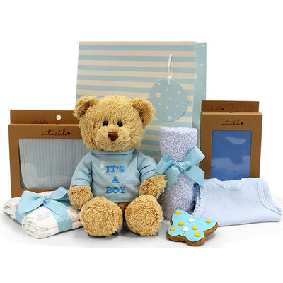 Newborn Baby Boy Gift with Plush Teddy 'It's a Boy!' 28cm, 100% Cotton Muslin Wrap, Cute Handmade Blue Gingerbread Butterfly Cookie, Newborn Nappies, Cotton Baby Bib, Face Washer & Singlet