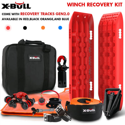 X-BULL Winch Recovery Kit Snatch Strap Off Road 4WD with Recovery Tracks Gen 2.0 Boards RED