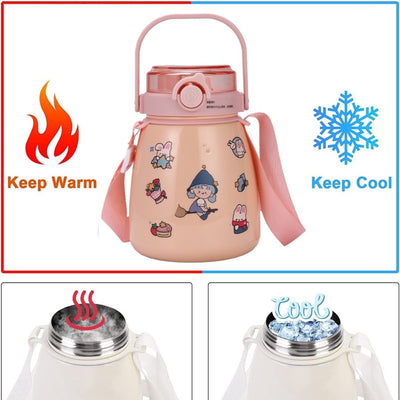 1000ml Large Water Bottle Stainless Steel Straw Water Jug with FREE Sticker Packs (Pink)