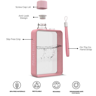 A5 Flat Water Bottle Portable Travel Mug BPA Free Water Bottle (Pink)