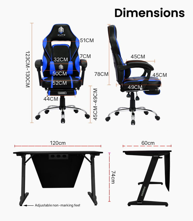 OVERDRIVE Gaming Chair Desk Racing Seat Setup PC Combo Black Office Table Foot