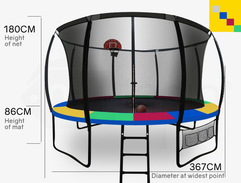 UP-SHOT 12ft Round Kids Trampoline with Curved Pole Design, Basketball Set and Sprinkler Accessory, Black and Multi-colour