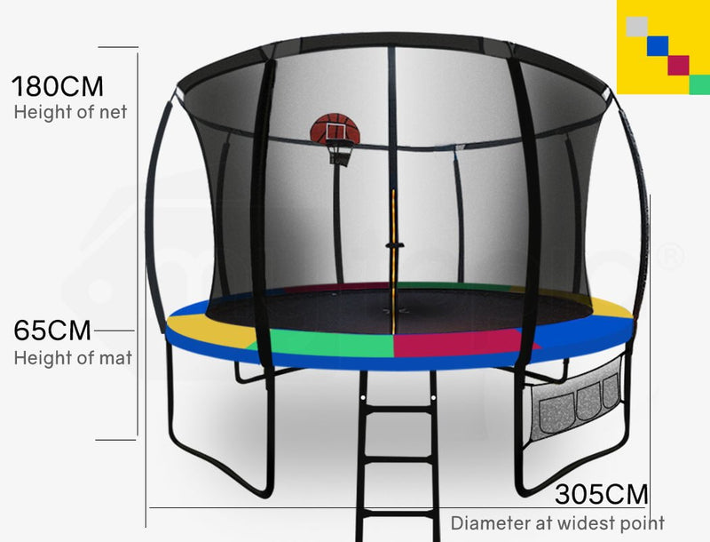 UP-SHOT 10ft Round Kids Trampoline with Curved Pole Design, Basketball Set and Sprinkler Accessory, Black and Multi-Colour