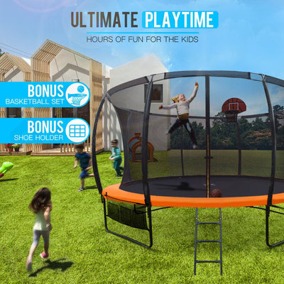 UP-SHOT 14ft Round Kids Trampoline with Curved Pole Design, Basketball Set and Sprinkler Accessory, Black and Orange