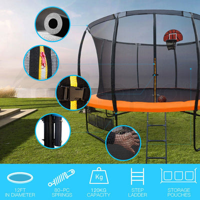 UP-SHOT 14ft Round Kids Trampoline with Curved Pole Design, Basketball Set and Sprinkler Accessory, Black and Orange