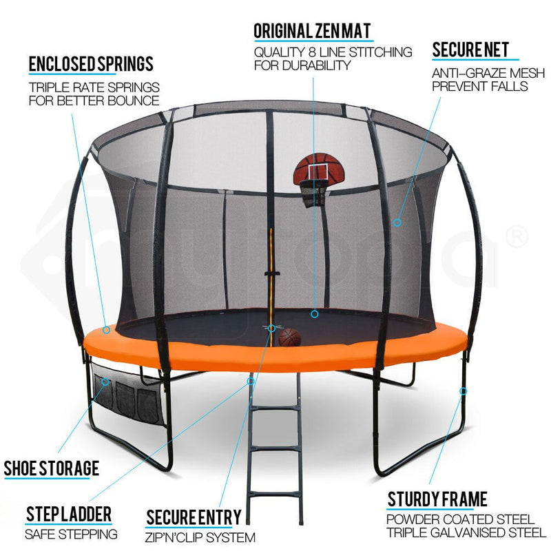 UP-SHOT 14ft Round Kids Trampoline with Curved Pole Design, Basketball Set and Sprinkler Accessory, Black and Orange