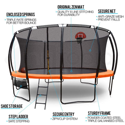 UP-SHOT 16ft Round Kids Trampoline with Curved Pole Design, Basketball Set and Sprinkler Accessory, Black and Orange