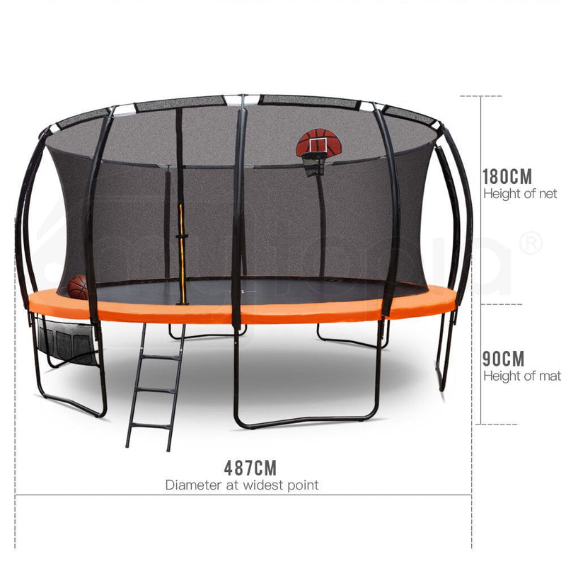 UP-SHOT 16ft Round Kids Trampoline with Curved Pole Design, Basketball Set and Sprinkler Accessory, Black and Orange