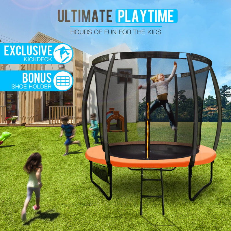 UP-SHOT 8ft Round Kids Trampoline with Curved Pole Design and Sprinkler Accessory, Black and Orange