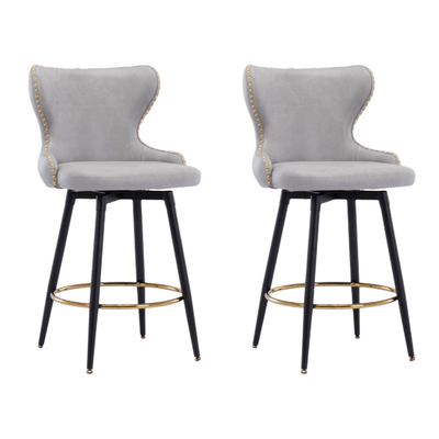 2x Swivel Bar Stools Tufted Counter Chairs with Stud Trim and Metal Base-Light Grey
