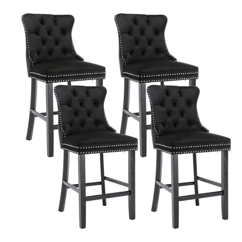 4X Velvet Bar Stools with Studs Trim Wooden Legs Tufted Dining Chairs Kitchen