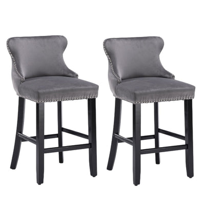 4x Velvet Upholstered Button Tufted Bar Stools with Wood Legs and Studs-Grey