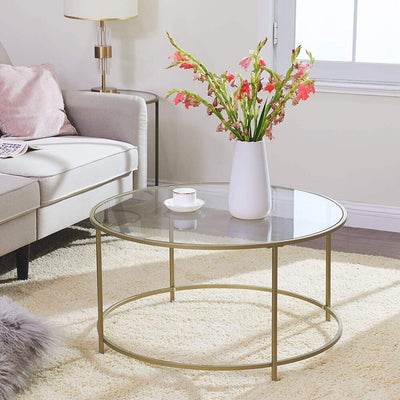 VASAGLE Round Coffee Table Glass Table with Steel Frame Gold LGT21G