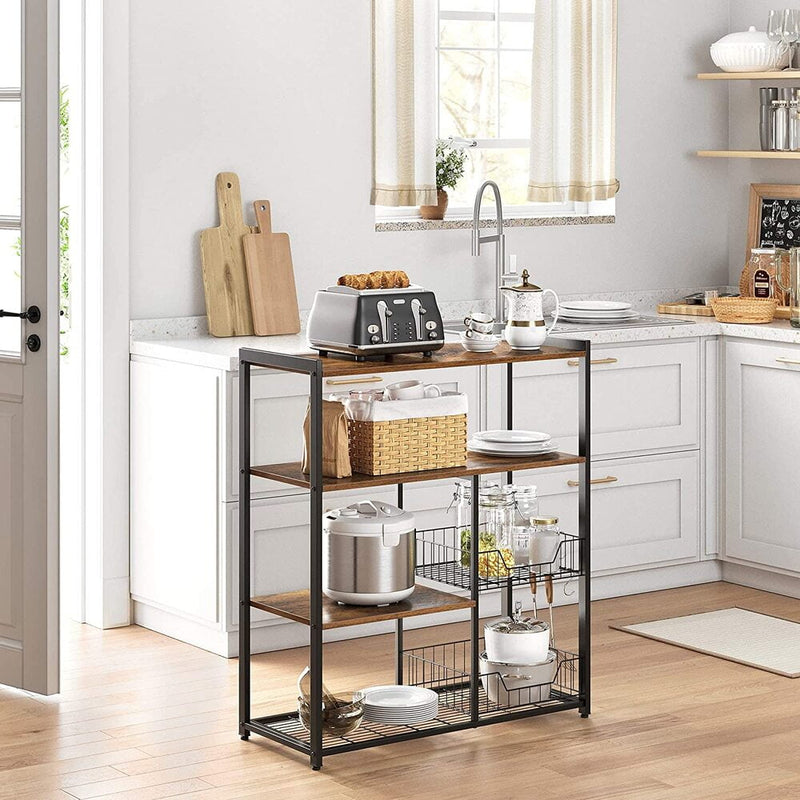 VASAGLE Baker’s Rack Kitchen Island with 2 Metal Mesh Baskets Shelves and Hooks Industrial Style Rustic Brown KKS96X