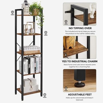 VASAGLE 5-Tier Bookshelf Storage Rack with Steel Frame for Living Room Office Study Hallway Industrial Style Rustic Brown and Black LLS100B01