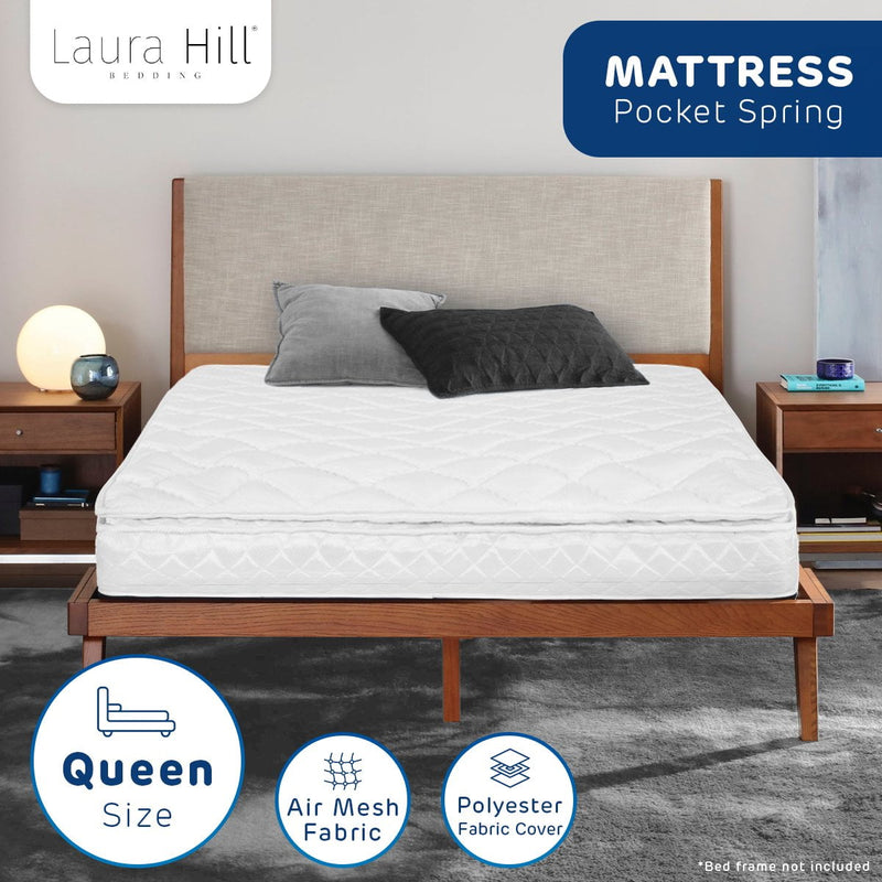 Laura Hill Mattress Queen Size Pillow Top Pocket Spring High Density Foam 22cm