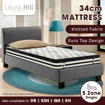 Laura Hill Single Mattress Bed Size Euro Top 5 Zone Spring Foam 34cm Bedding