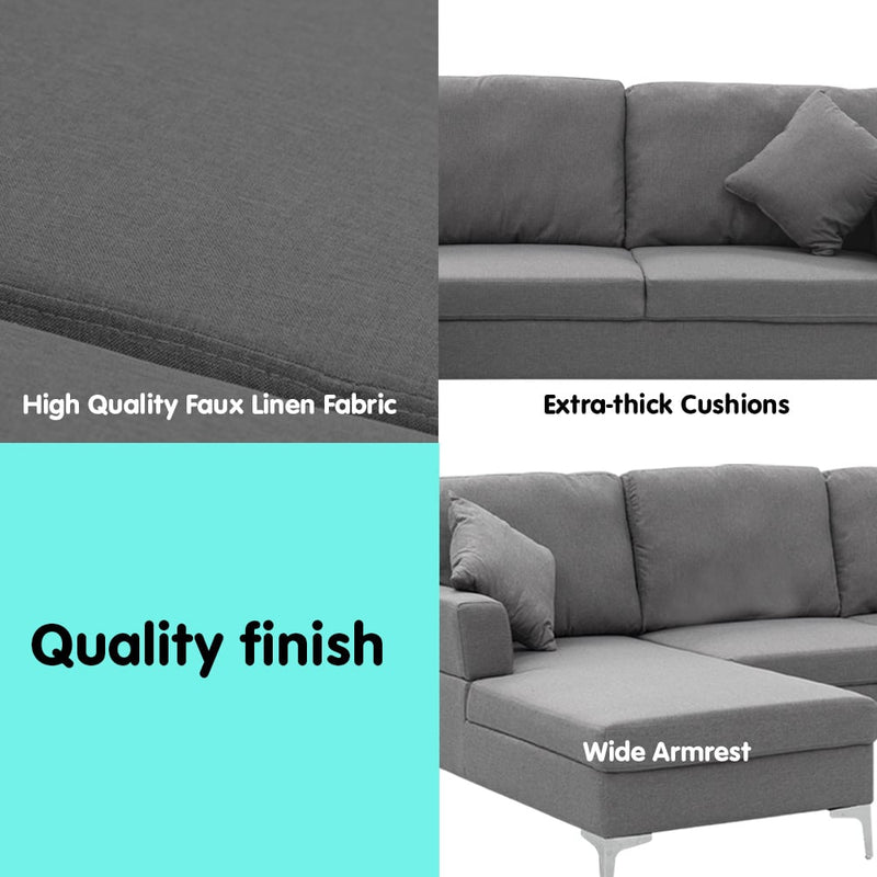Sarantino Linen Corner Sofa Couch Lounge L-shape W/right Chaise Seat Dark Grey