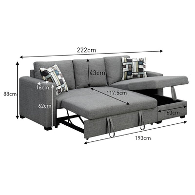 Sarantino Fontana Pullout Sofa Bed with Storage Chaise Lounge - Grey