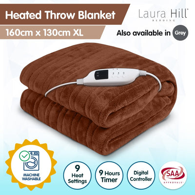 Laura Hill Heated Electric Blanket Throw Rug Coral Warm Fleece Brown