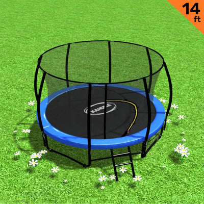 Kahuna 14ft Trampoline Free Ladder Spring Mat Net Safety Pad Cover Round Enclosure - Blue