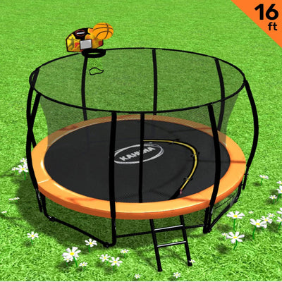 Kahuna 16ft Outdoor Trampoline Kids Children With Safety Enclosure Pad Mat Ladder Basketball Hoop Set - Orange