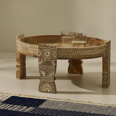 Tree Stripes Maala Hand Carved Chakki Accent Coffee Table (Whitewash) - Large