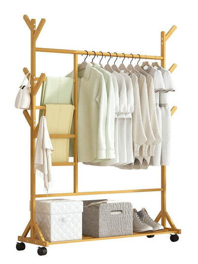 Portable Coat Stand Rack Rail Clothes Hat Garment Hanger Hook with Shelf Bamboo 9 Hook with Rack Rail Natural Finished
