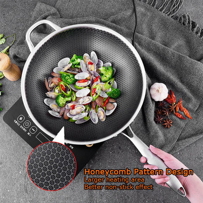 34cm 304 Stainless Steel Non-Stick Stir Fry Cooking Kitchen Honeycomb Wok Pan with Lid