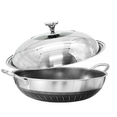34cm 316 Stainless Steel Double Ear Non-Stick Stir Fry Cooking Kitchen Wok Pan with Lid Honeycomb Double Sided