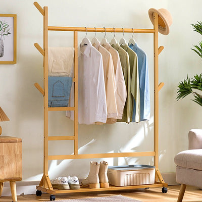 6 Hook No Rack Rail Natural Finished Portable Coat Stand Rack Rail Clothes Hat Garment Hanger Hook with Shelf Bamboo