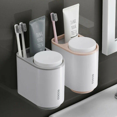 Ecoco Toothbrush Holder Multifunctional Wall-Mounted Magnetic Bathroom Pink Organizer Wall- Storage 2 Cups for Two People (Pink)