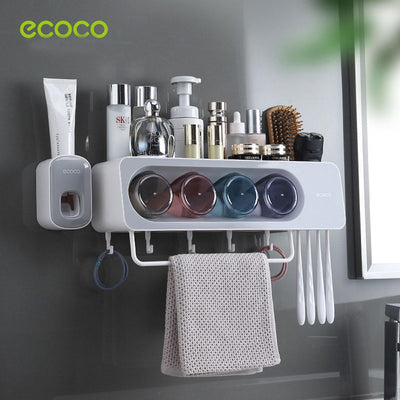 Ecoco Wall-Mounted Toothbrush Holder with 4 Cups and 4 Toothbrush Slots Toiletries Bathroom Storage Rack Black