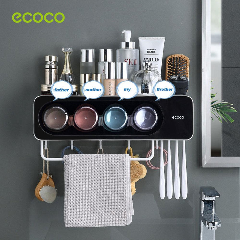 Ecoco Wall-Mounted Toothbrush Holder with 4 Cups and 4 Toothbrush Slots Toiletries Bathroom Storage Rack Black