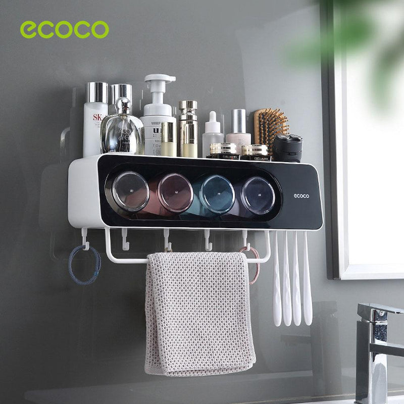 Ecoco Wall-Mounted Toothbrush Holder with 4 Cups and 4 Toothbrush Slots Toiletries Bathroom Storage Rack Grey