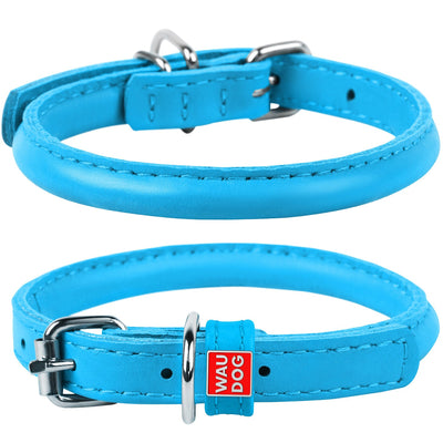 Waudog Leather Round Dog Collar  25-33CM BLUE