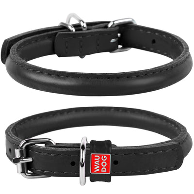 Waudog Leather Round Dog Collar  39-47CM BLACK