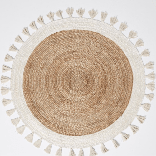 Bohemian Cream & Natural Braided Jute Cotton Round Rug with Tassel 120 x 120 cm